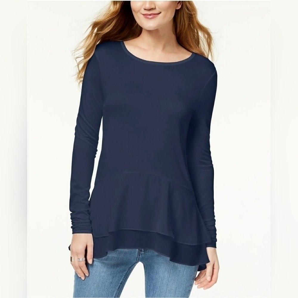 Michael Kors Navy Flutter Hem Layered Top Medium